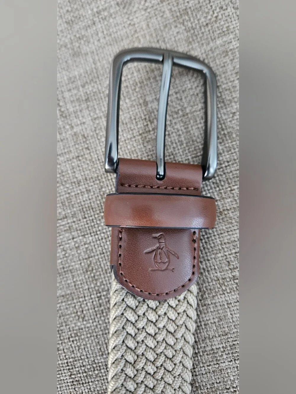 Original Penguin Tan Braided Stretch Belt with Brown Leather Trim Size M (34-36)